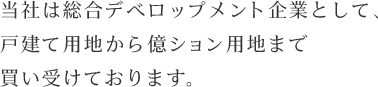 当社は総合デベロップメント企業として、戸建て用地から億ション用地まで買い受けております。